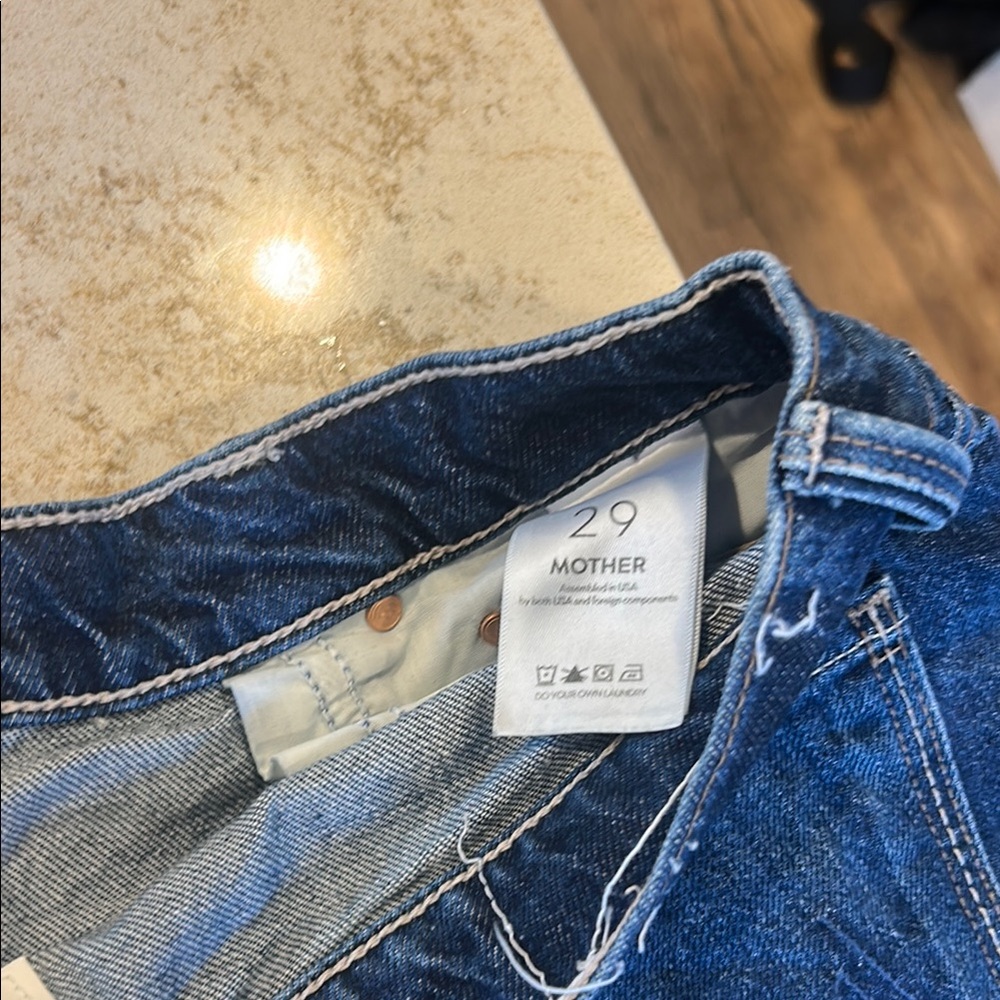 MOTHER Dark Blue Denim Jean Shorts with Frayed Hem - Picture 2 of 4